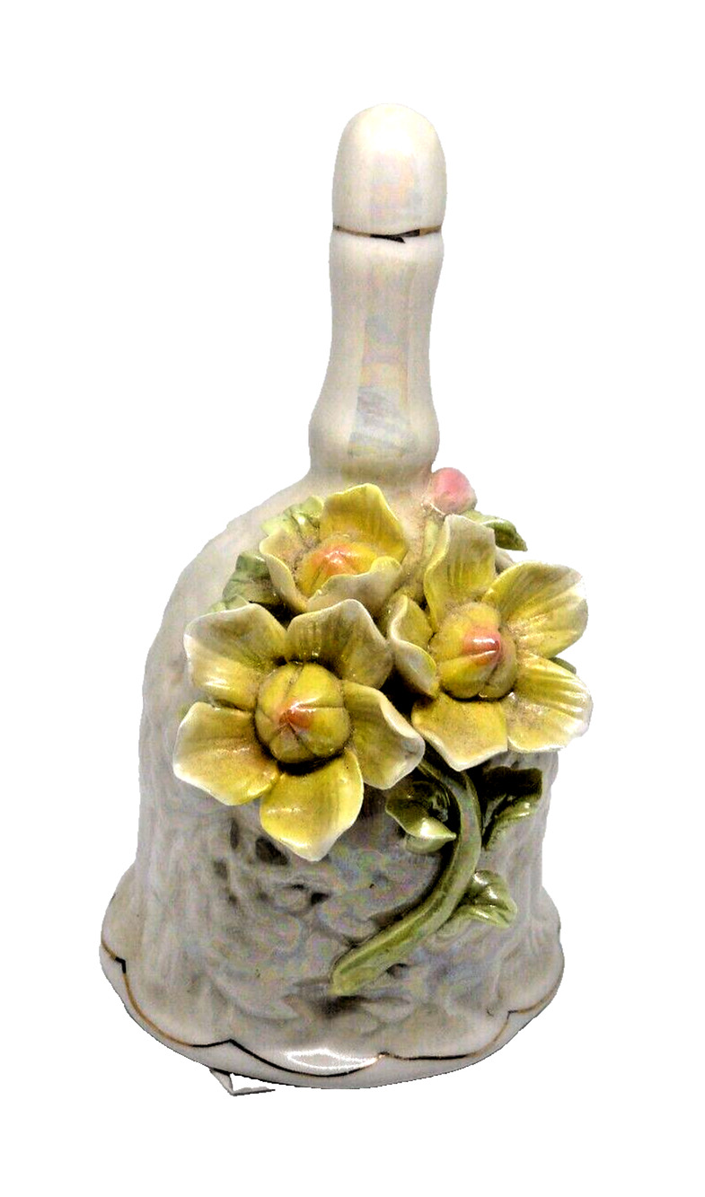 Bell Iridescent Applied Yellow Flowers Gold Trim Works Vintage